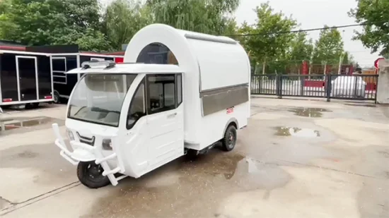 Carrito de comida de tres ruedas eléctrico blanco de gran venta, tienda de pasteles móvil, remolque de comida, coche de comedor callejero a la venta